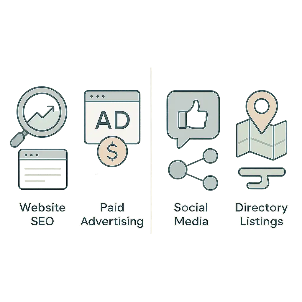 Infographic comparing SEO versus paid advertising, social media marketing, and directory listings by cost, immediacy, and benefits.