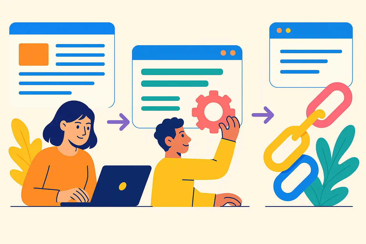 Illustration of on-page SEO workflow including creating content, optimizing meta tags, and internal linking.