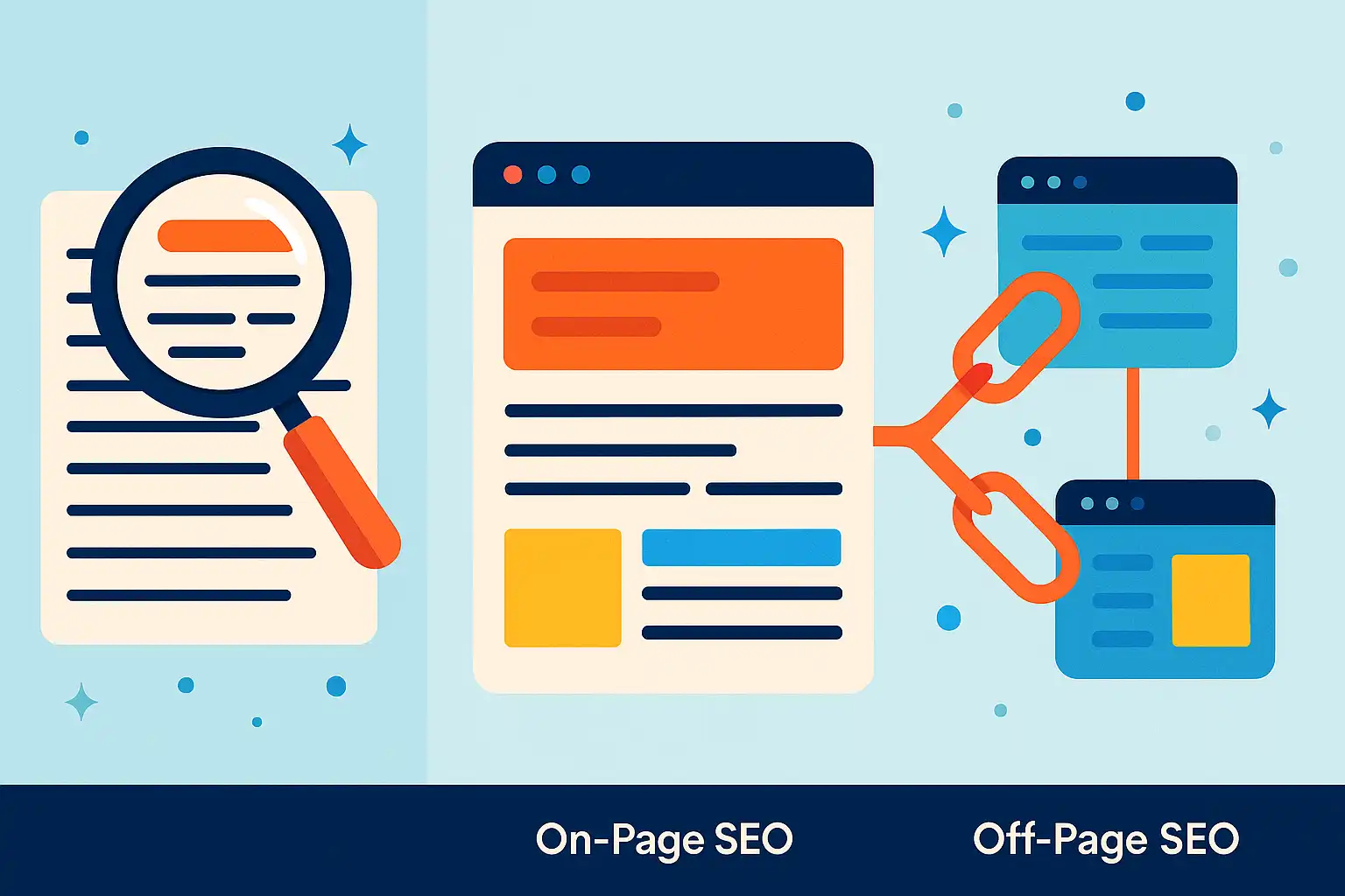 Illustration showing keywords, on-page SEO elements like meta tags and content, and off-page SEO elements like backlinks.
