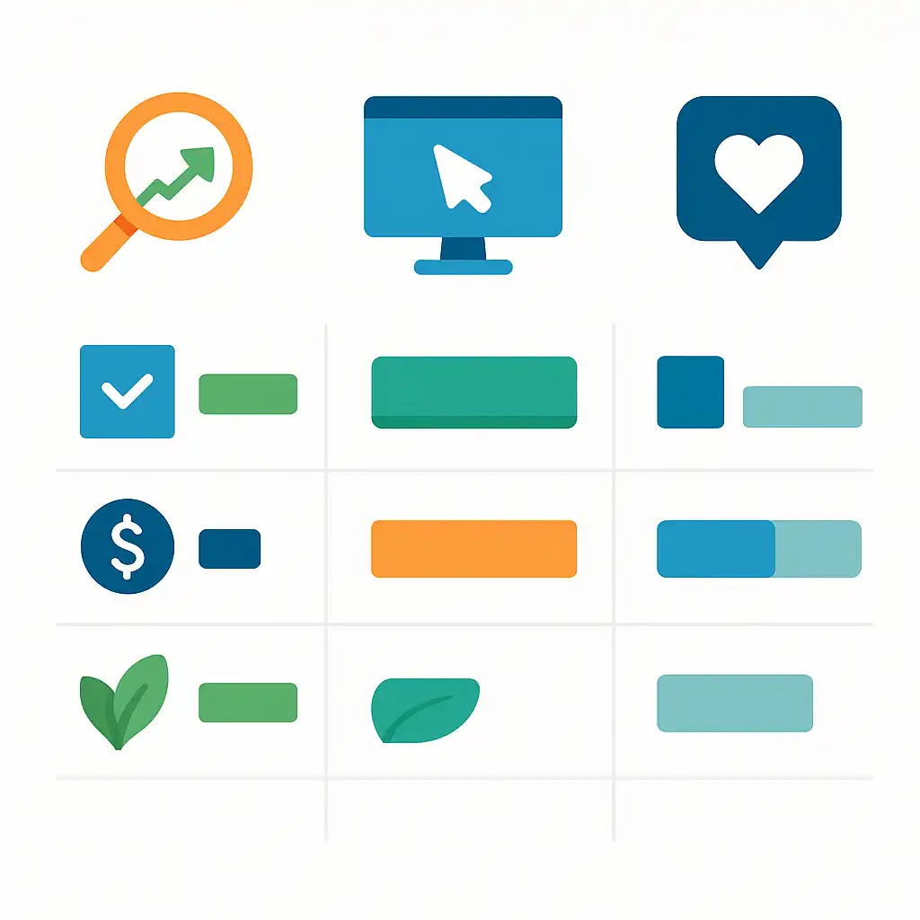 Infographic comparing SEO, paid advertising, and social media on cost, traffic type, and sustainability.