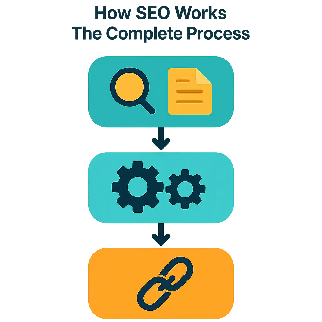 Infographic showing the three-step SEO process: keyword and content optimization, technical SEO improvements, and backlink building for authority.