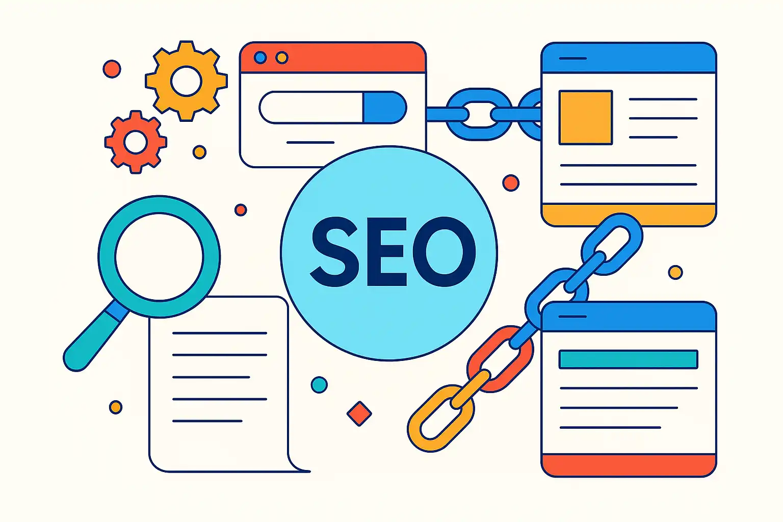Illustration showing SEO components including search engine algorithms, keywords, and backlinks.