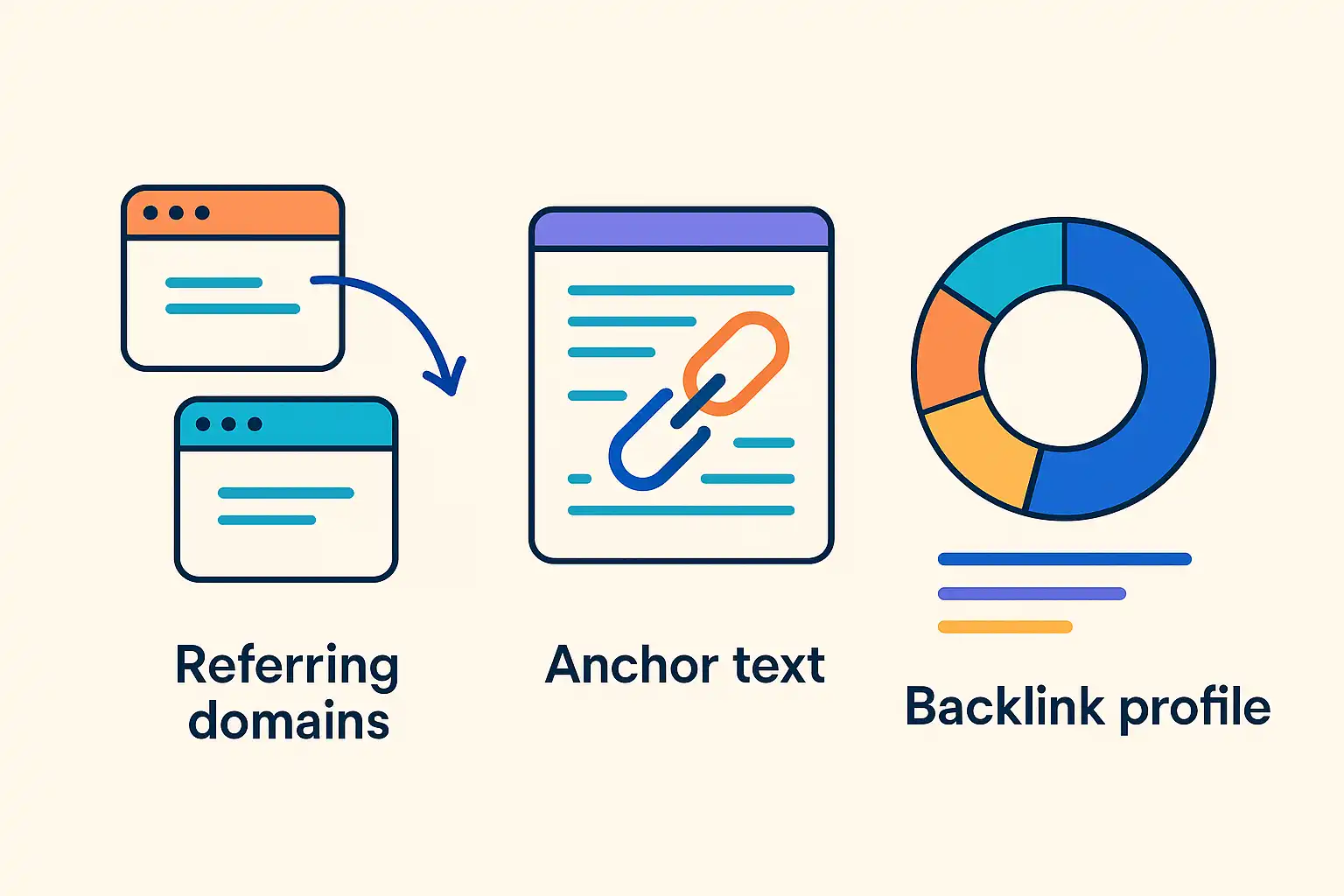 Illustration showing definitions of competitor backlink analysis with key terms like referring domains, anchor text, and backlink profile