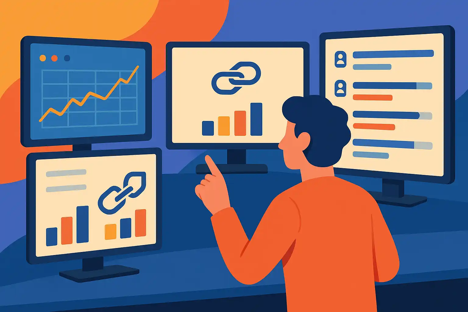 Illustration depicting various backlink analysis tools being used to analyze competitor backlink data
