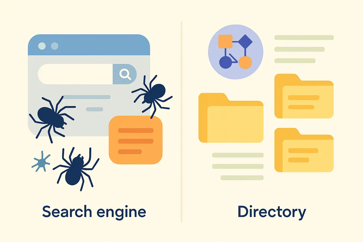 Illustration showing differences between search engines and directories with icons and key points.