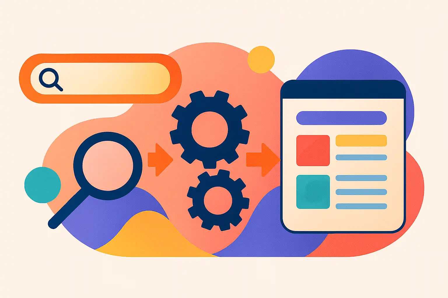 Illustration showing a simplified search algorithm process leading to ranked search results (SERP).
