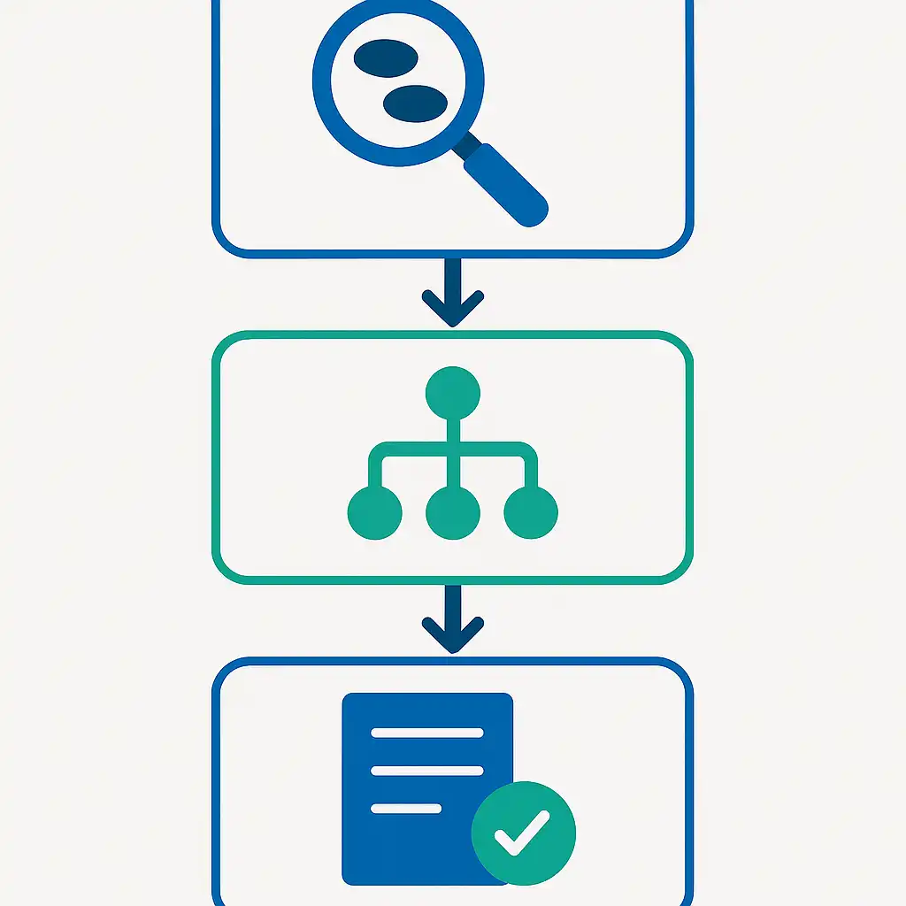 Infographic flowchart showing the three-step keyword targeting SEO process: identify keywords, group by intent, optimize content.