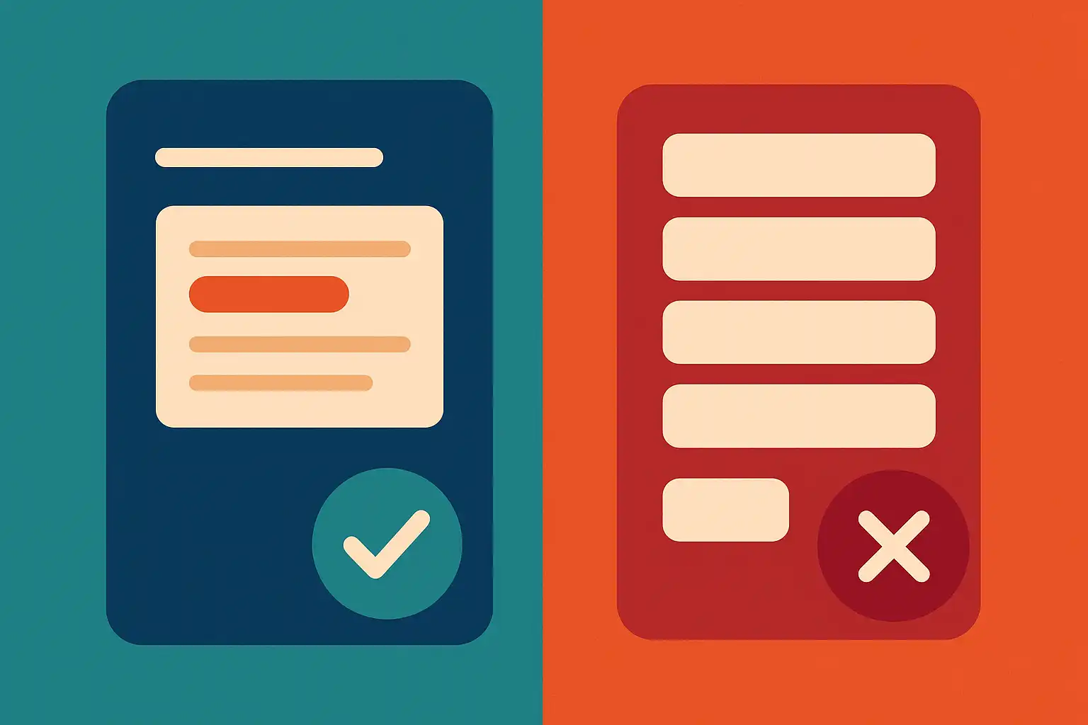 Illustration of a side-by-side comparison showing correct keyword targeting versus keyword stuffing with examples and icons.