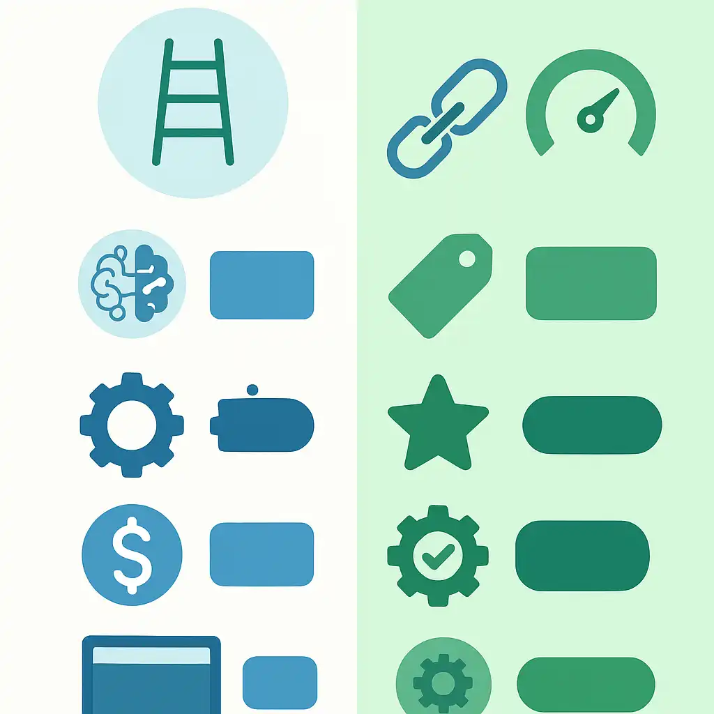 Infographic comparing SEO Ladders with Ahrefs and SEMrush on features like content automation, backlink database, technical SEO monitoring, pricing, and ease of use.