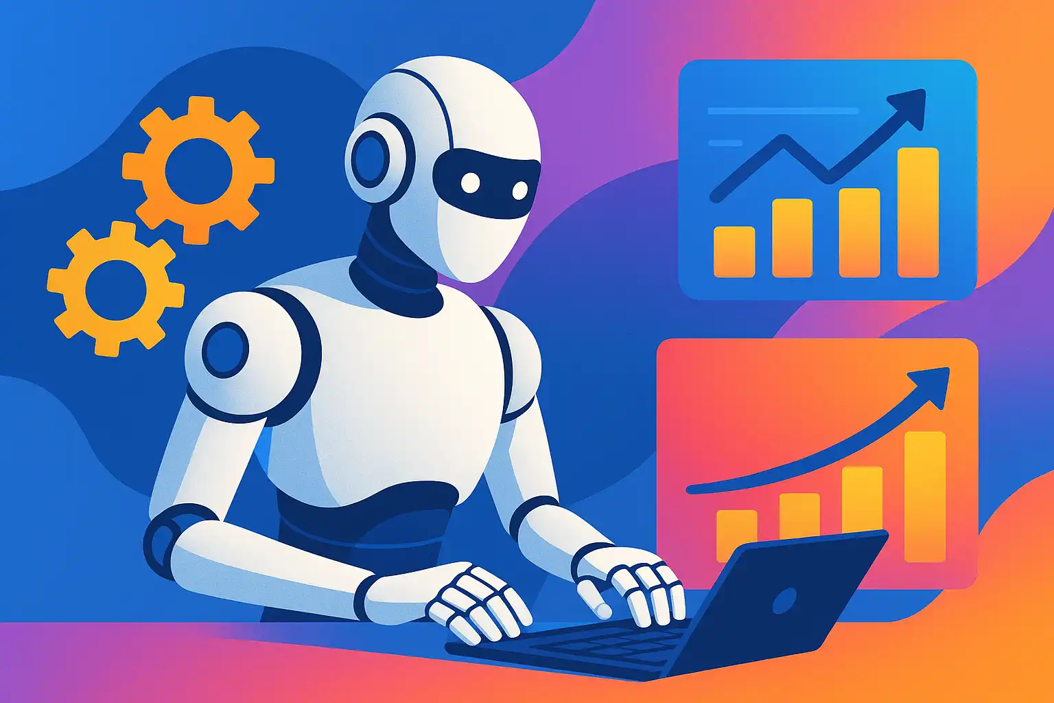 Illustration of AI-powered content automation workflow, showing interconnected gears, a robot writing content, and charts depicting SEO growth.