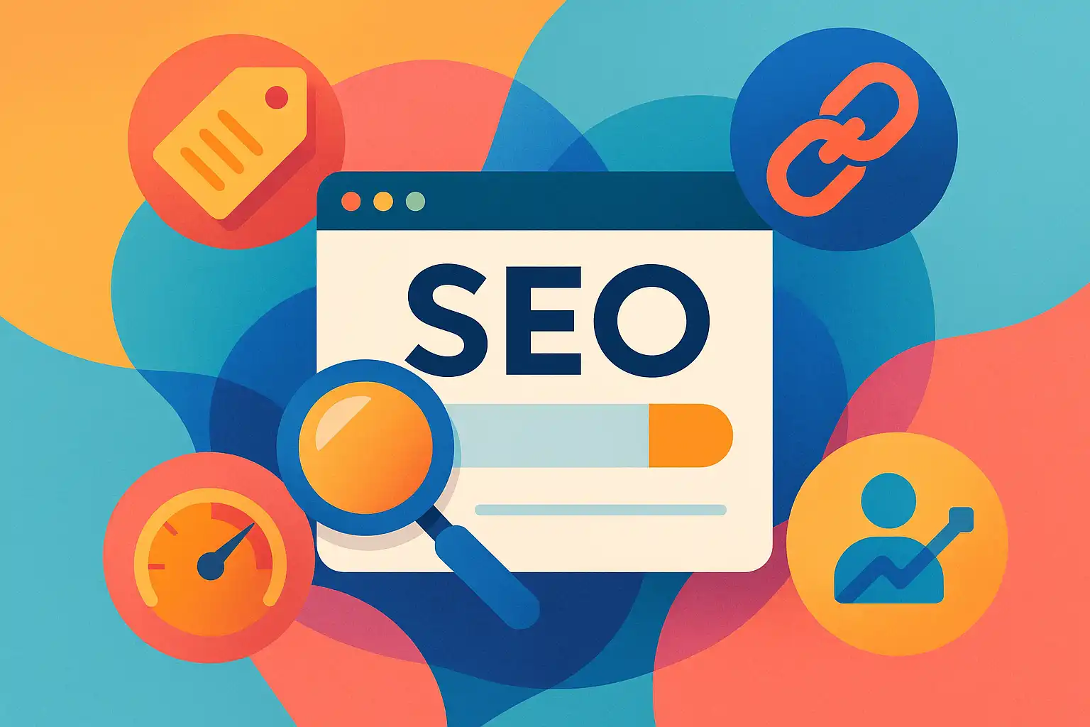 Illustration depicting key SEO ranking factors such as keywords, backlinks, and site structure used by search engines.