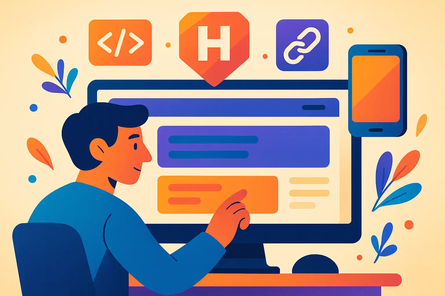 Illustration showing website page elements like meta tags, headings, and mobile optimization being updated for SEO.