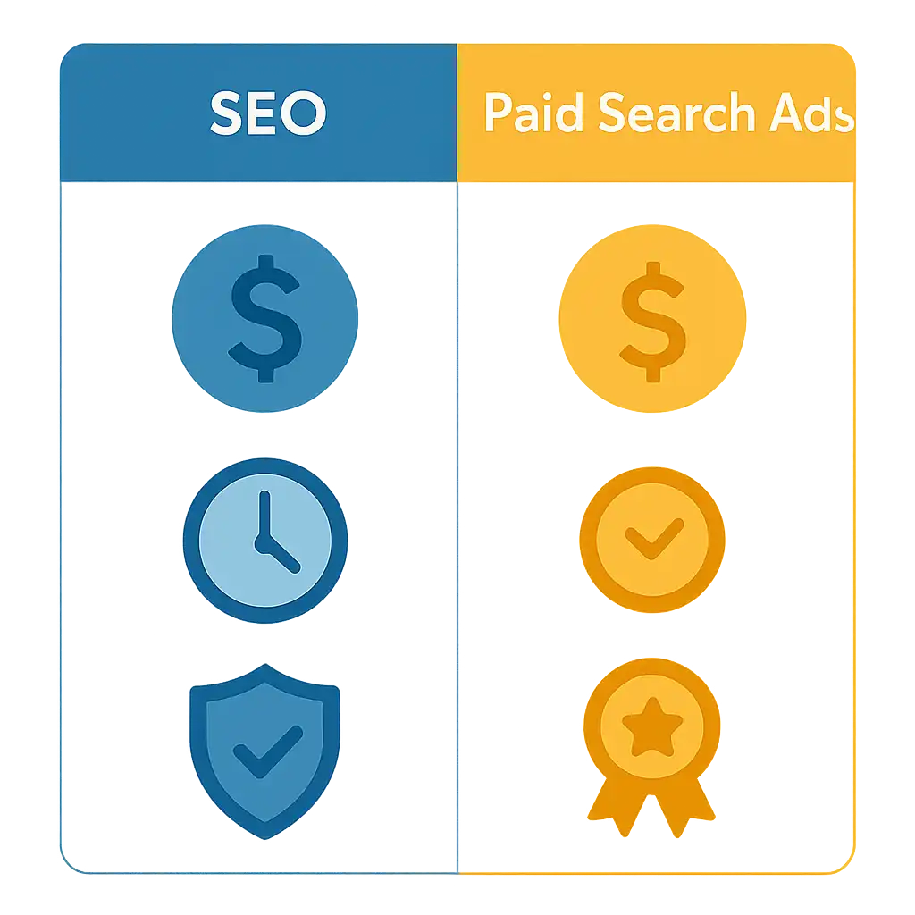 Infographic comparing SEO and Paid Search Ads in cost, timeline, and trust factors