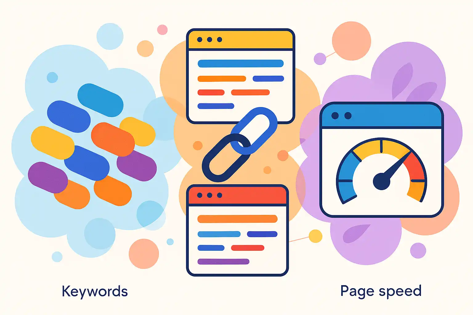 Illustration showing keywords, backlinks, and page speed concepts in SEO