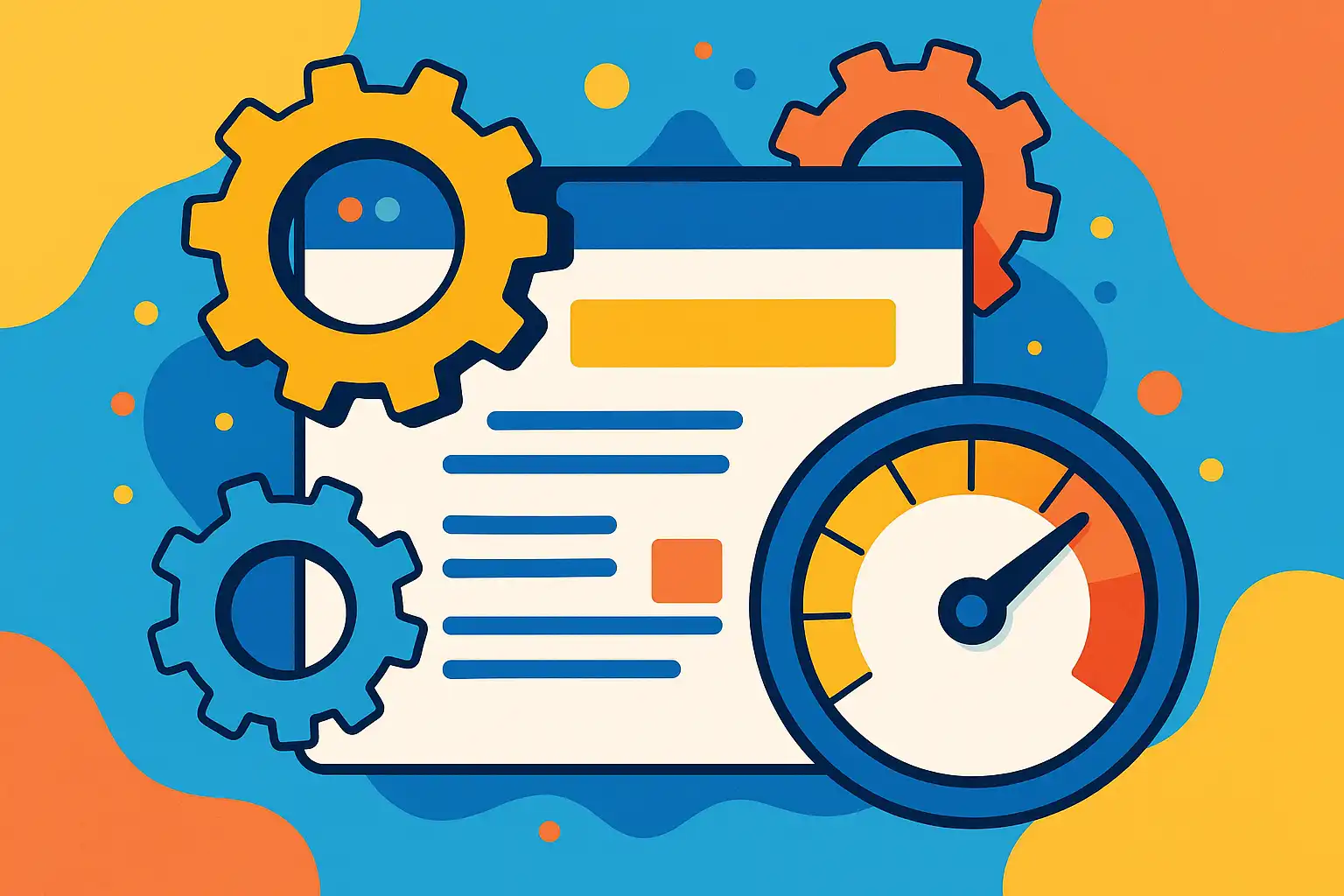 Illustration of a webpage with gears and a speedometer representing technical SEO and page speed optimization