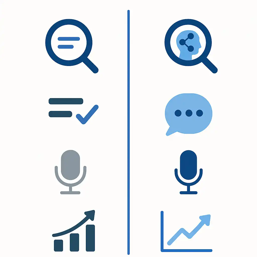 Infographic comparing keyword search engines and semantic search, showing key differences in approach and SEO impact