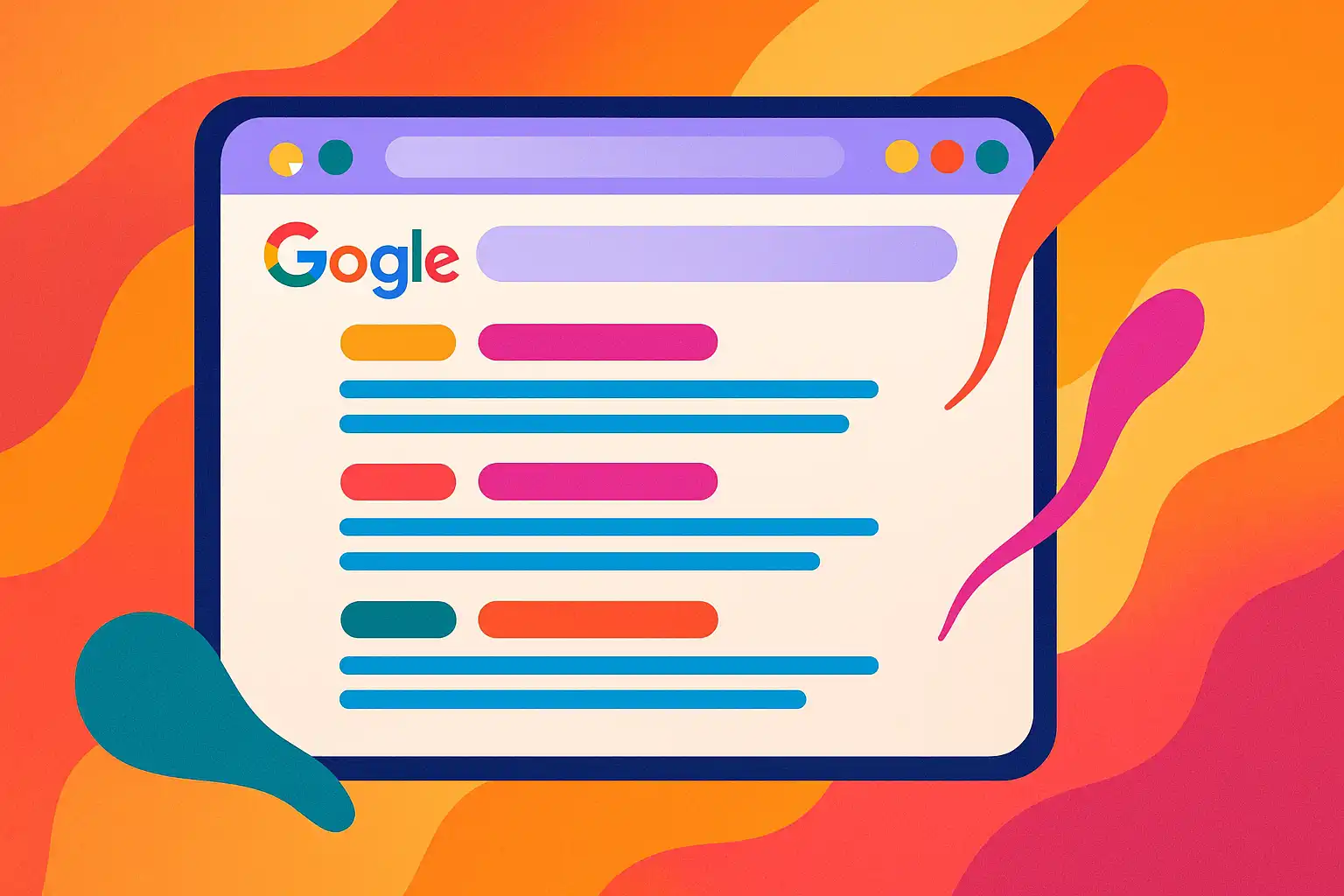 Illustration of a Google search results page highlighting keyword matches in titles and descriptions