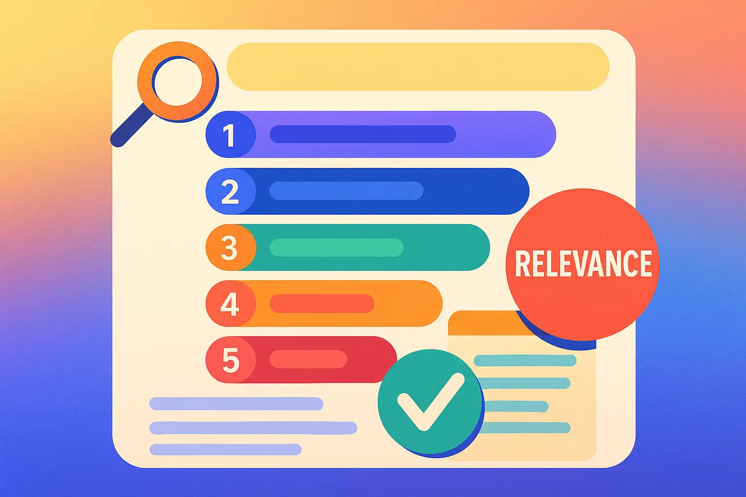 Illustration showing a search engine results page with ranked listings and indicators for ranking factors