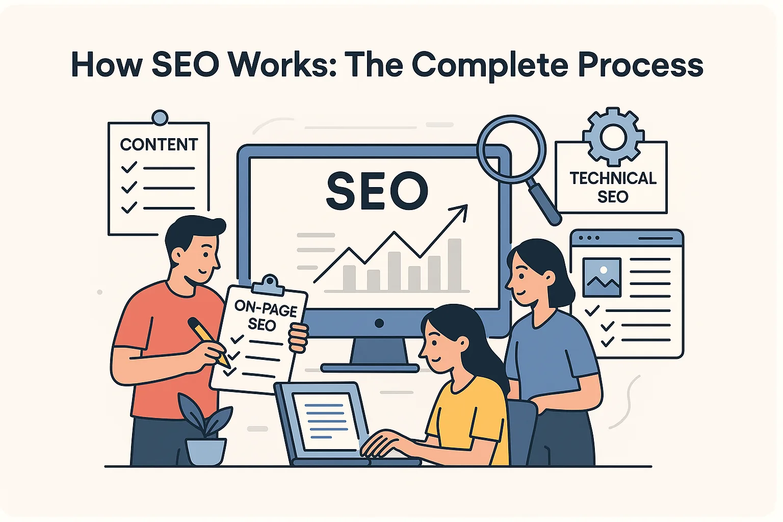 Illustration of SEO execution with people working on SEO tasks.