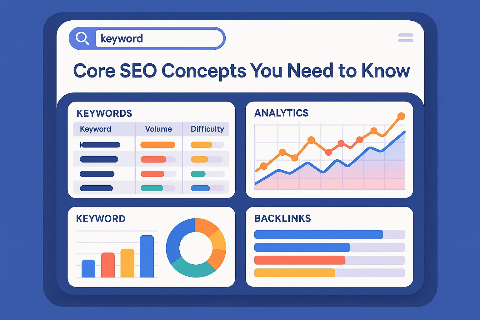 Illustration showing keyword research tools and graphs.