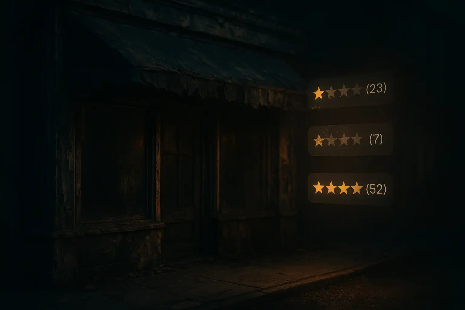Conceptual cinematic image showing a business reputation declining due to neglected online reviews, dark tones