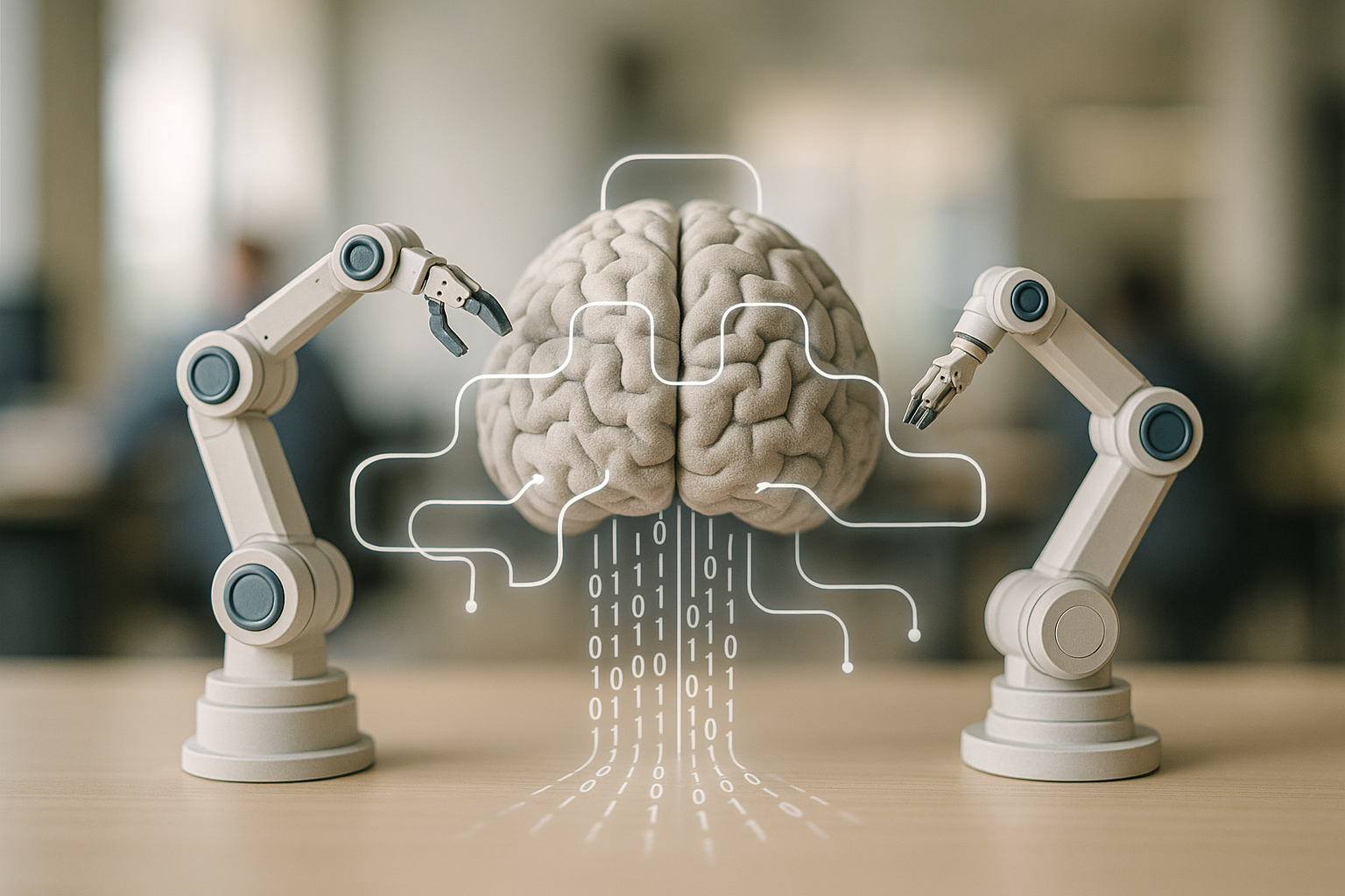 Conceptual illustration of AI-driven automation showing an artificial intelligence brain connected to robotic arms and flowing data streams representing task automation.