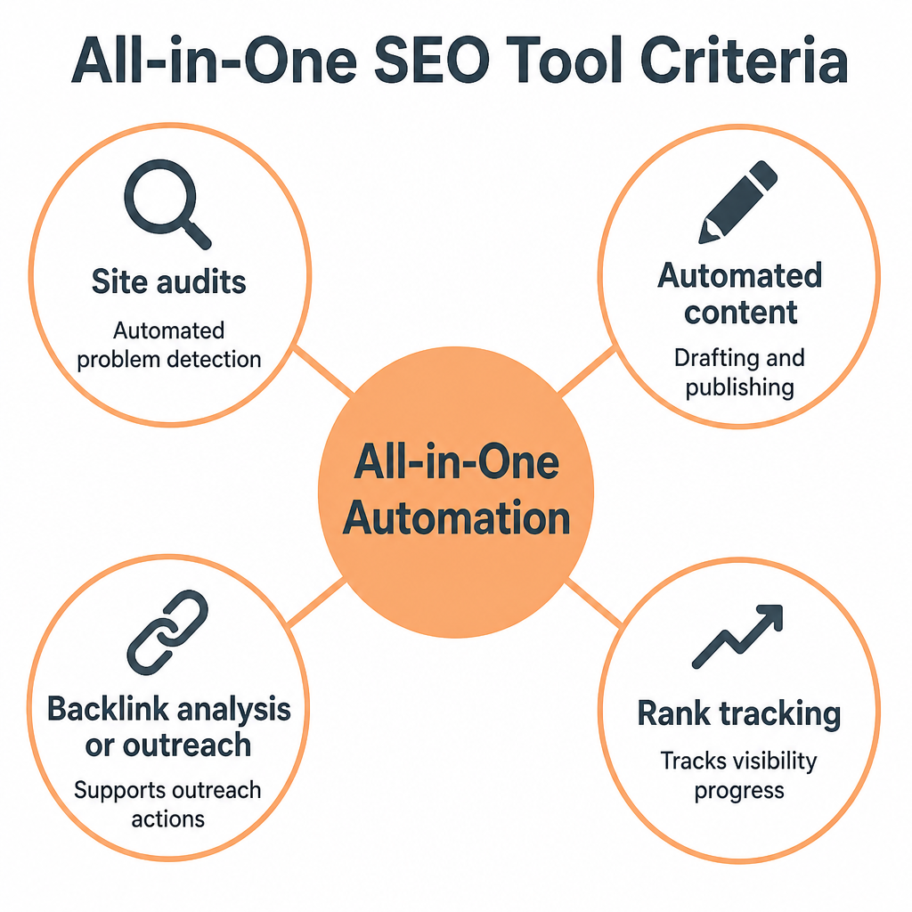 All-in-One SEO Tool Criteria: Site audits, Automated content, Backlink analysis or outreach, Rank tracking