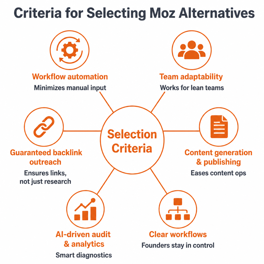Criteria for Selecting Moz Alternatives: Workflow automation, Team adaptability, Guaranteed backlink outreach, Content generation & publishing, AI-driven audit