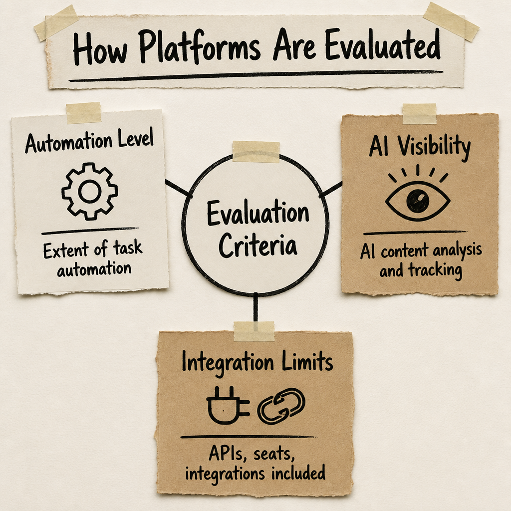 How Platforms Are Evaluated: Automation Level, AI Visibility, Integration Limits