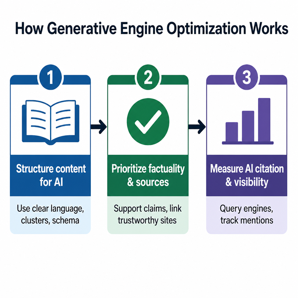 How Generative Engine Optimization Works: Structure content for AI, Prioritize factuality & sources, Measure AI citation & visibility