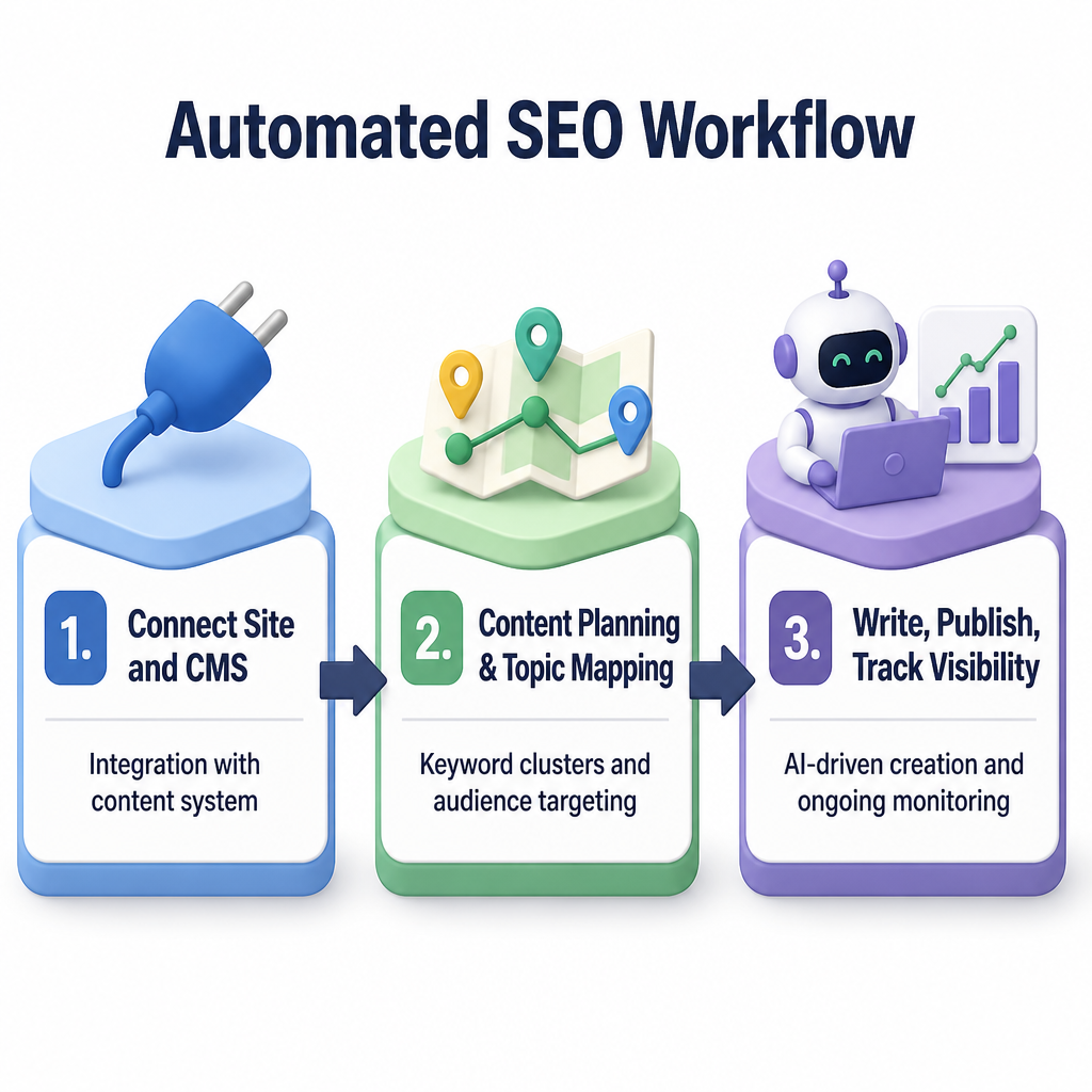 Automated SEO Workflow: Connect Site and CMS, Content Planning & Topic Mapping, Write, Publish, Track Visibility
