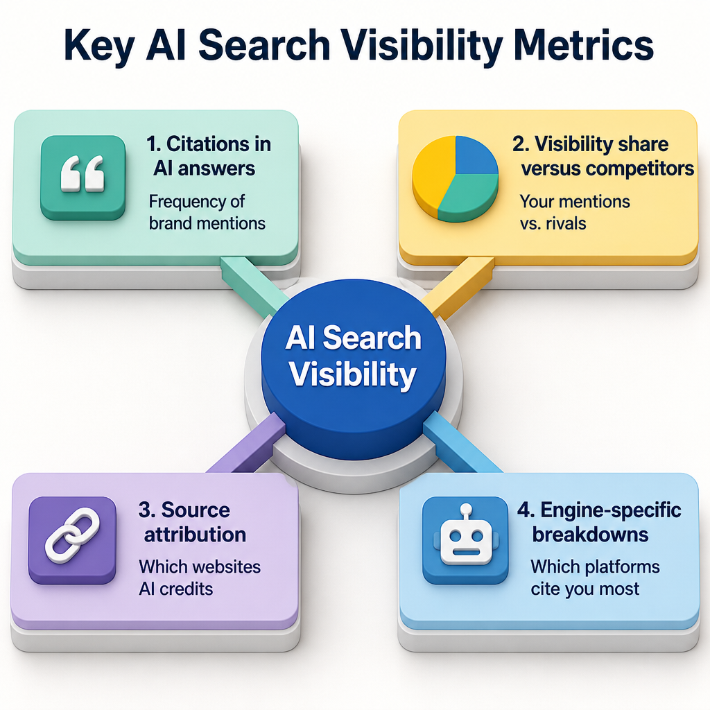 Key AI Search Visibility Metrics: Citations in AI answers, Visibility share versus competitors, Source attribution, Engine-specific breakdowns