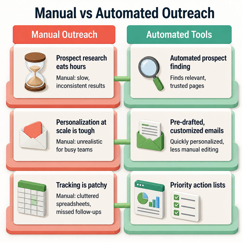 Manual vs Automated Outreach: Prospect research eats hours, Automated prospect finding, Personalization at scale is tough, Pre-drafted, customized emails, Track