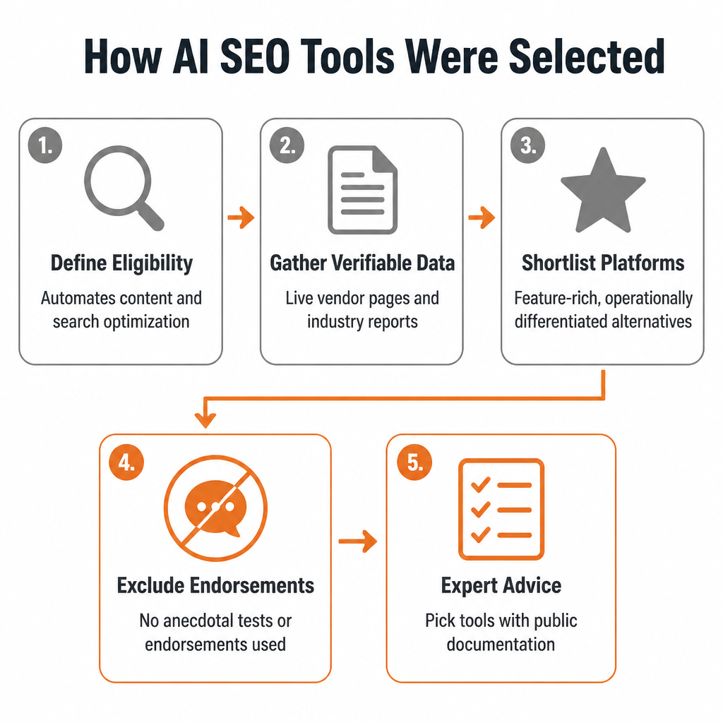 How AI SEO Tools Were Selected: Define Eligibility, Gather Verifiable Data, Shortlist Platforms, Exclude Endorsements, Expert Advice