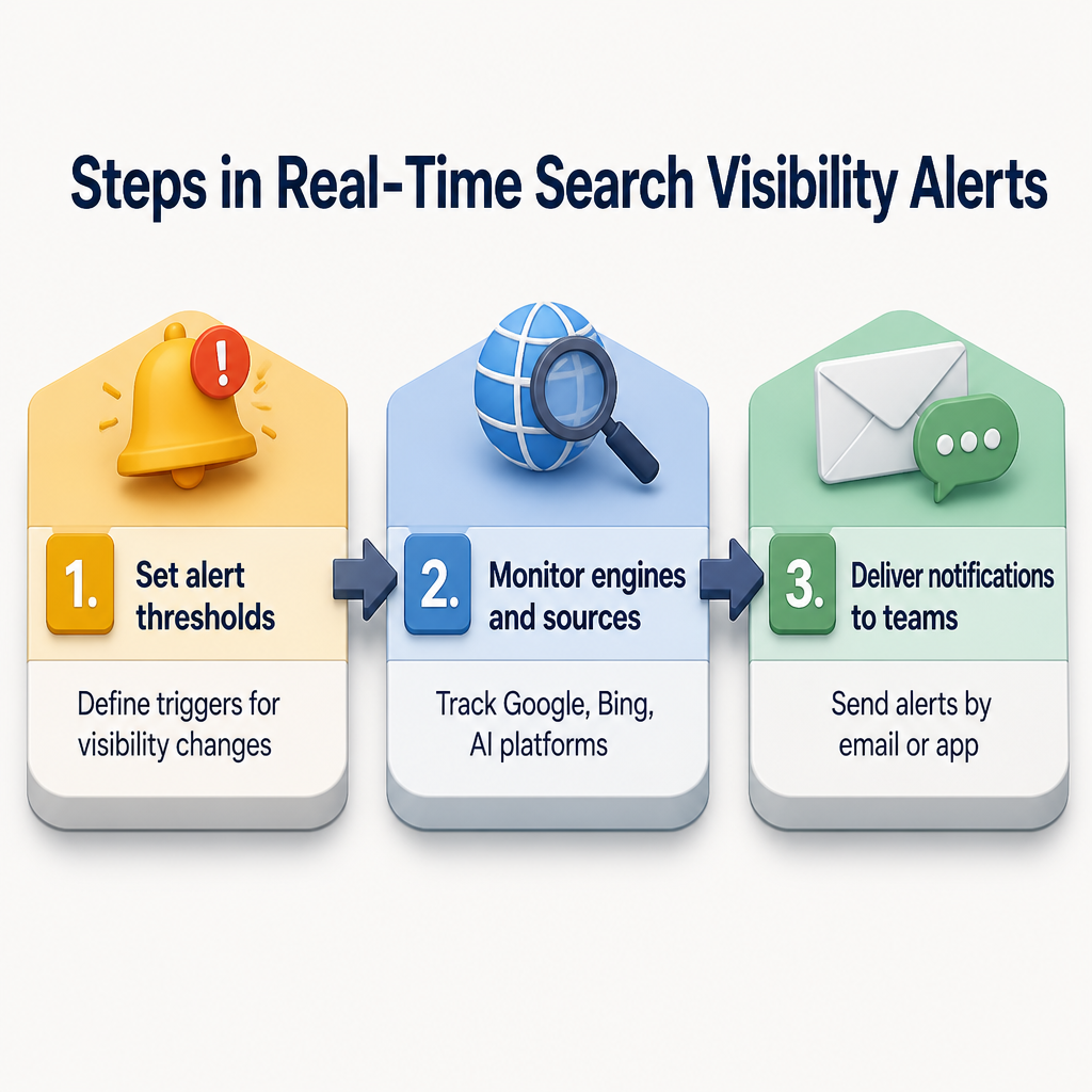 Steps in Real-Time Search Visibility Alerts: Set alert thresholds, Monitor engines and sources, Deliver notifications to teams