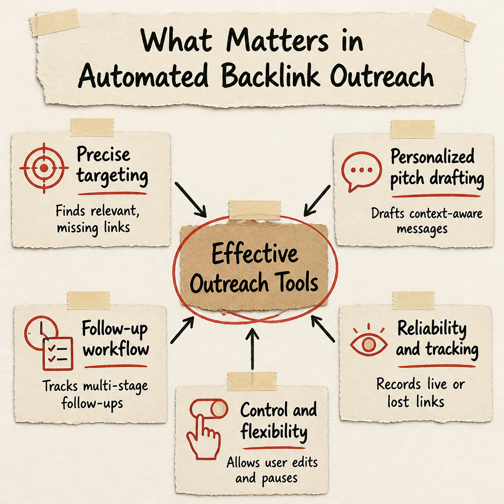 What Matters in Automated Backlink Outreach: Precise targeting, Personalized pitch drafting, Follow-up workflow, Reliability and tracking, Control and flexibili