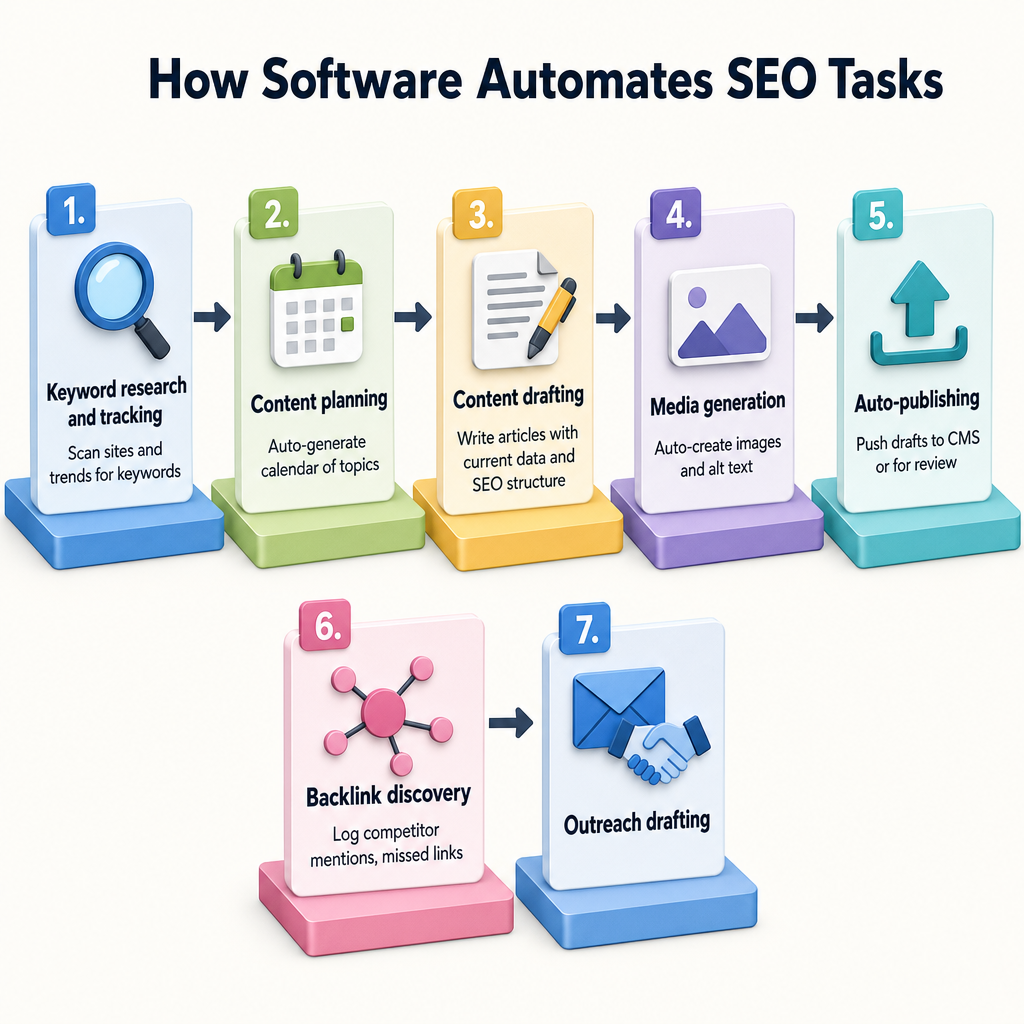 How Software Automates SEO Tasks: Keyword research and tracking, Content planning, Content drafting, Media generation, Auto-publishing, Backlink discovery, Outr