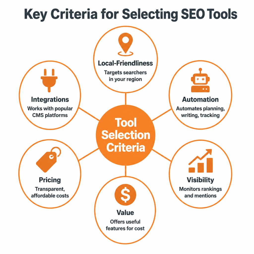 Key Criteria for Selecting SEO Tools: Local-Friendliness, Automation, Visibility, Value, Pricing, Integrations