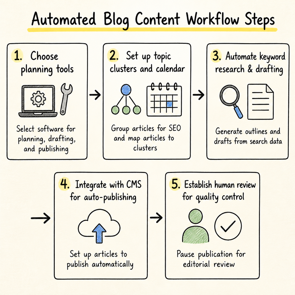 Automated Blog Content Workflow Steps: Choose planning tools, Set up topic clusters and calendar, Automate keyword research & drafting, Integrate with CMS for a
