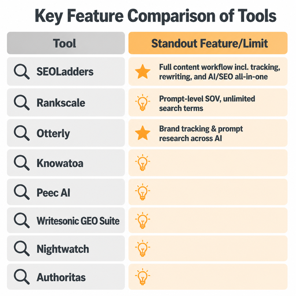 Key Feature Comparison of Tools: SEOLadders, Rankscale, Otterly, Knowatoa, Peec AI, Writesonic GEO Suite, Nightwatch, Authoritas