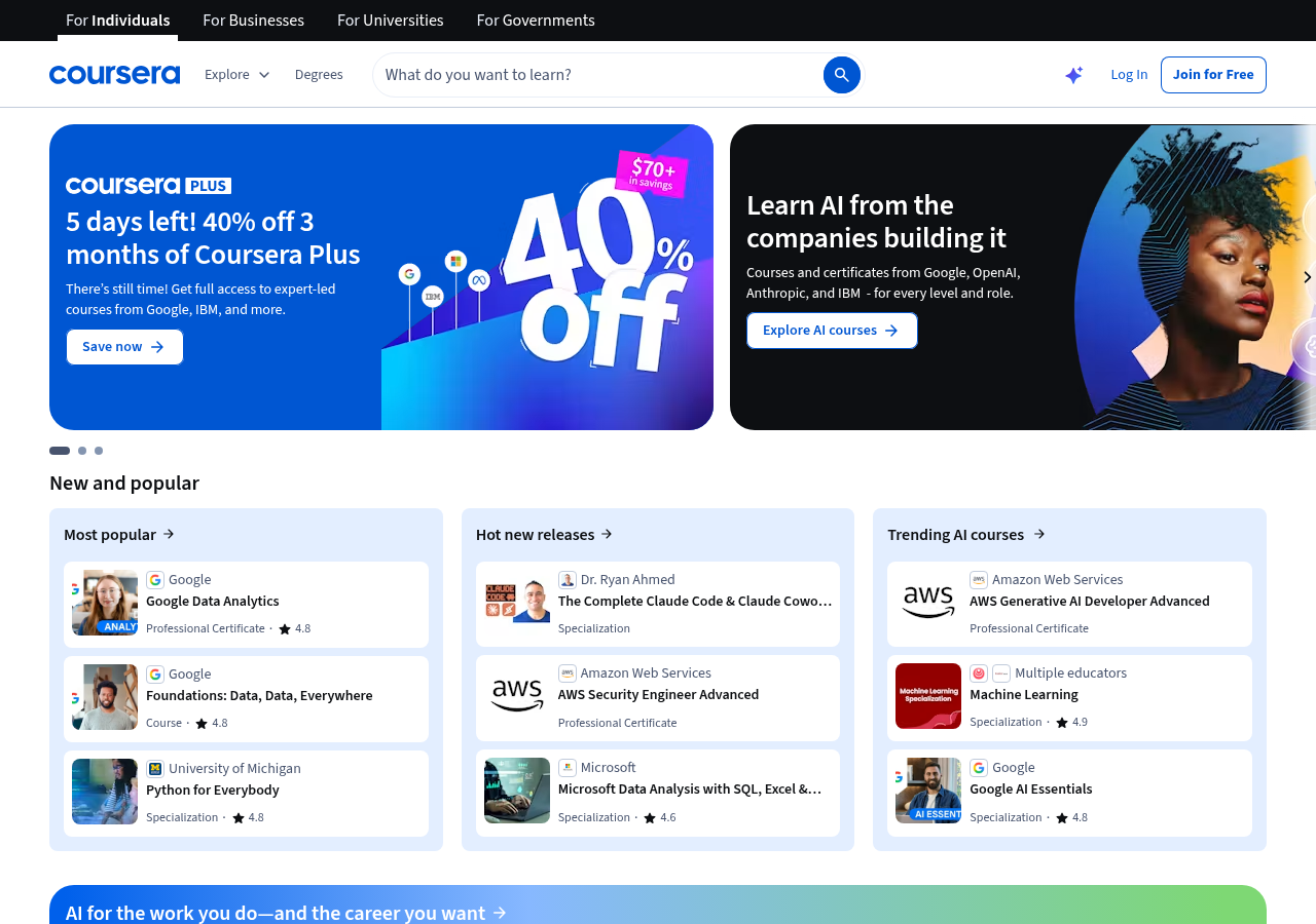 Screenshot of Coursera's homepage