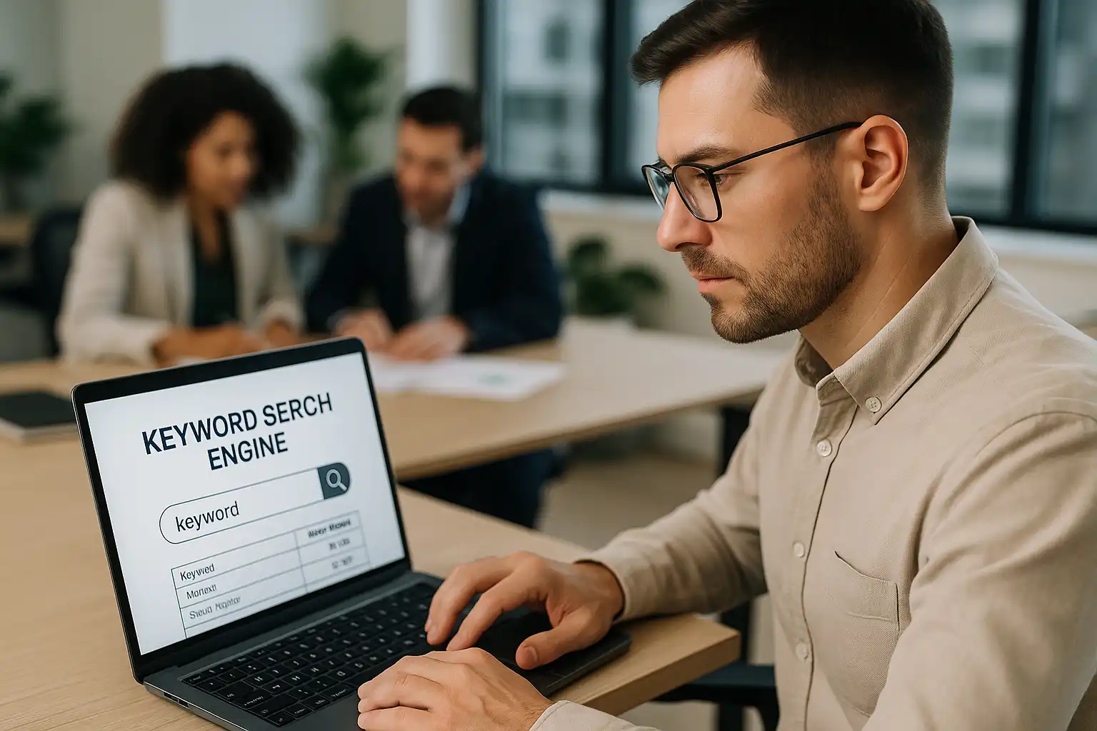 Business professional carrying out SEO keyword research on a laptop in an office
