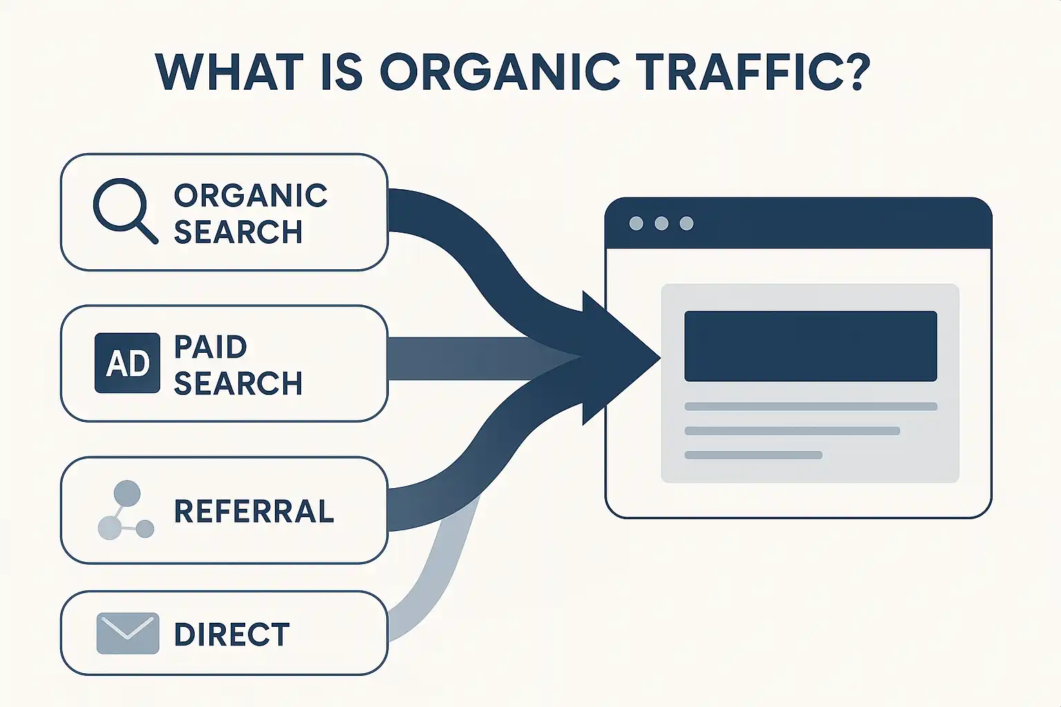 Illustration showing how organic traffic flows from search engines to a website compared to paid and referral traffic sources.