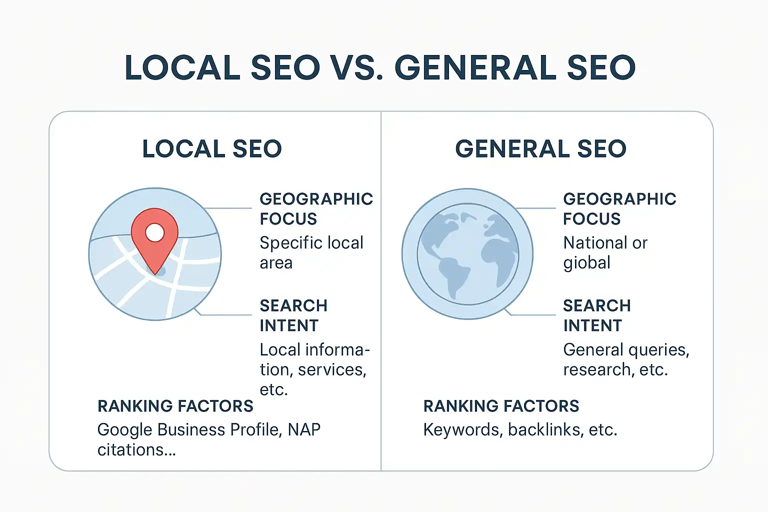 Diagram showing the differences between local SEO and general SEO factors