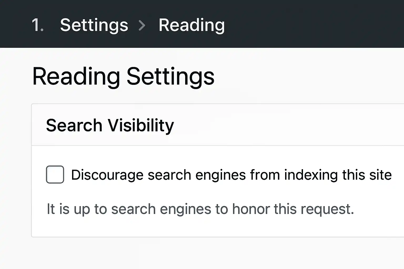Screenshot of WordPress dashboard showing search visibility settings panel.