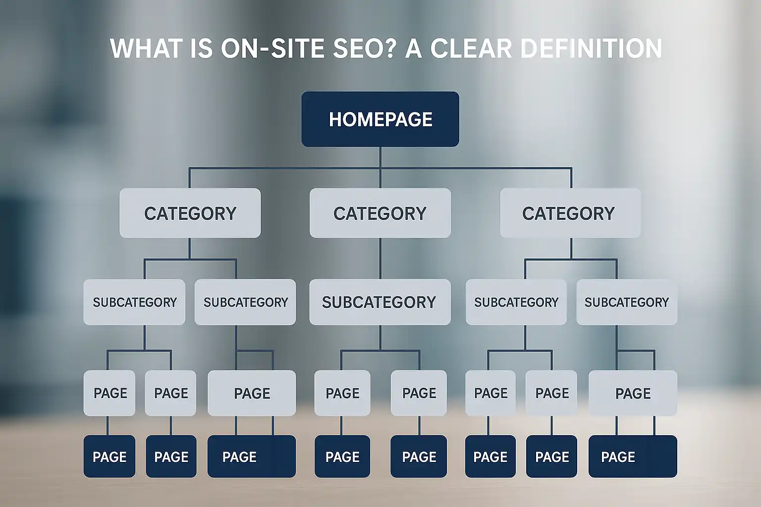 Diagram illustrating website site architecture showing homepage, categories, subcategories, and pages interconnected