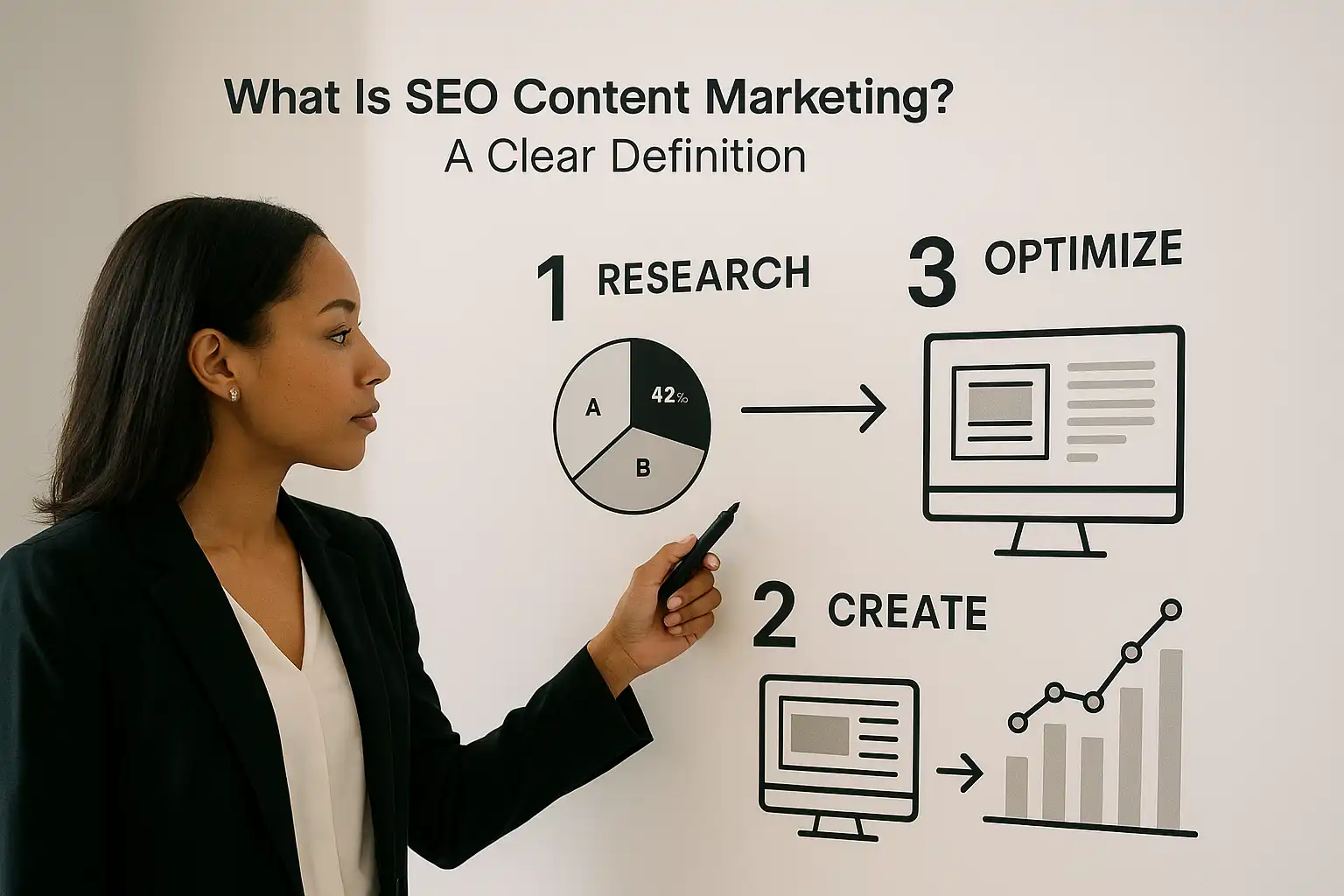 Screenshot of keyword research tools with charts and keyword lists showing search volume and difficulty.