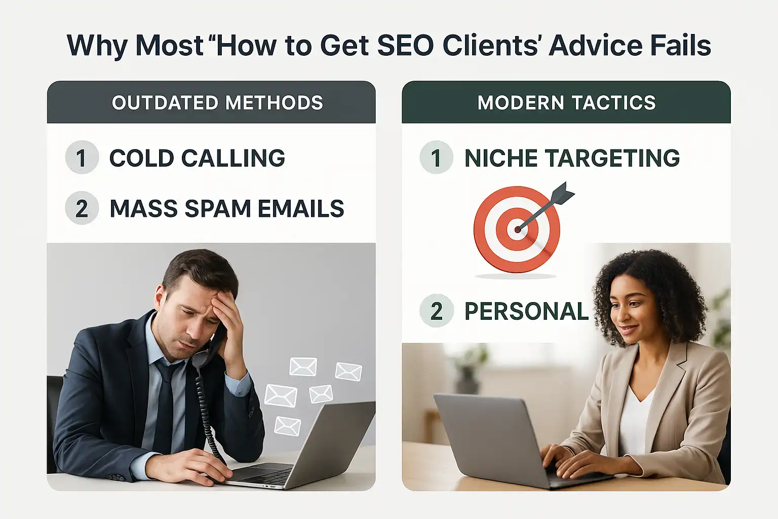 Comparison infographic-style image listing overused client acquisition tactics alongside modern effective methods.