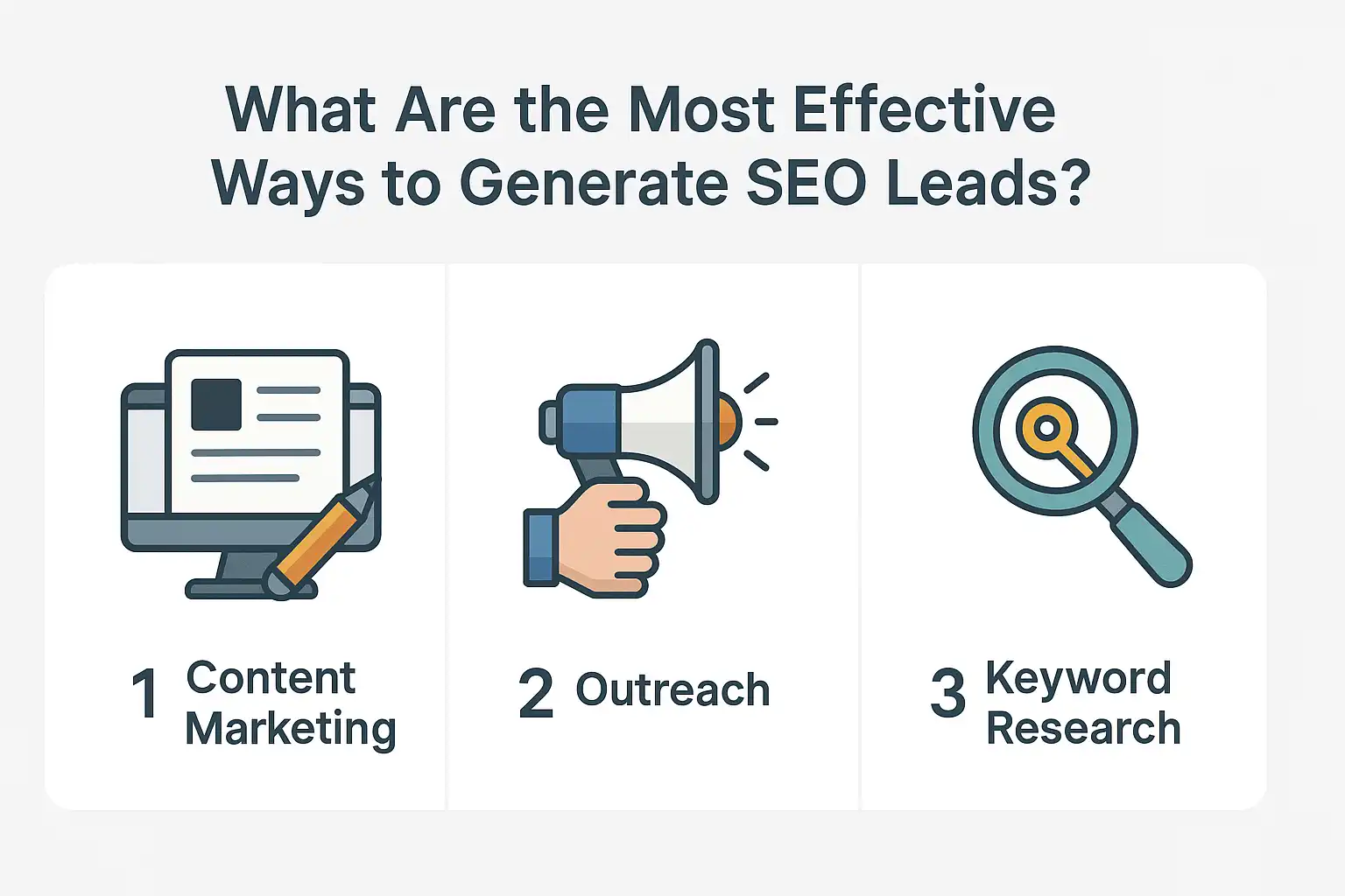 Diagram showing various SEO lead generation strategies such as content marketing, outreach, and keyword research.