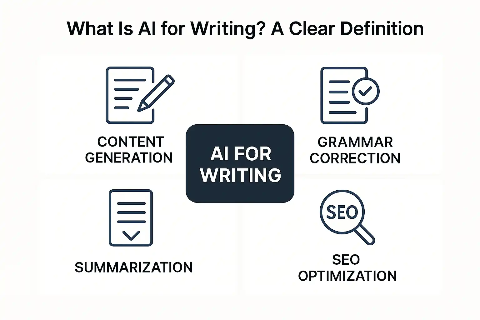 Diagram illustrating different types of AI writing tools including content generators, editors, and summarizers.